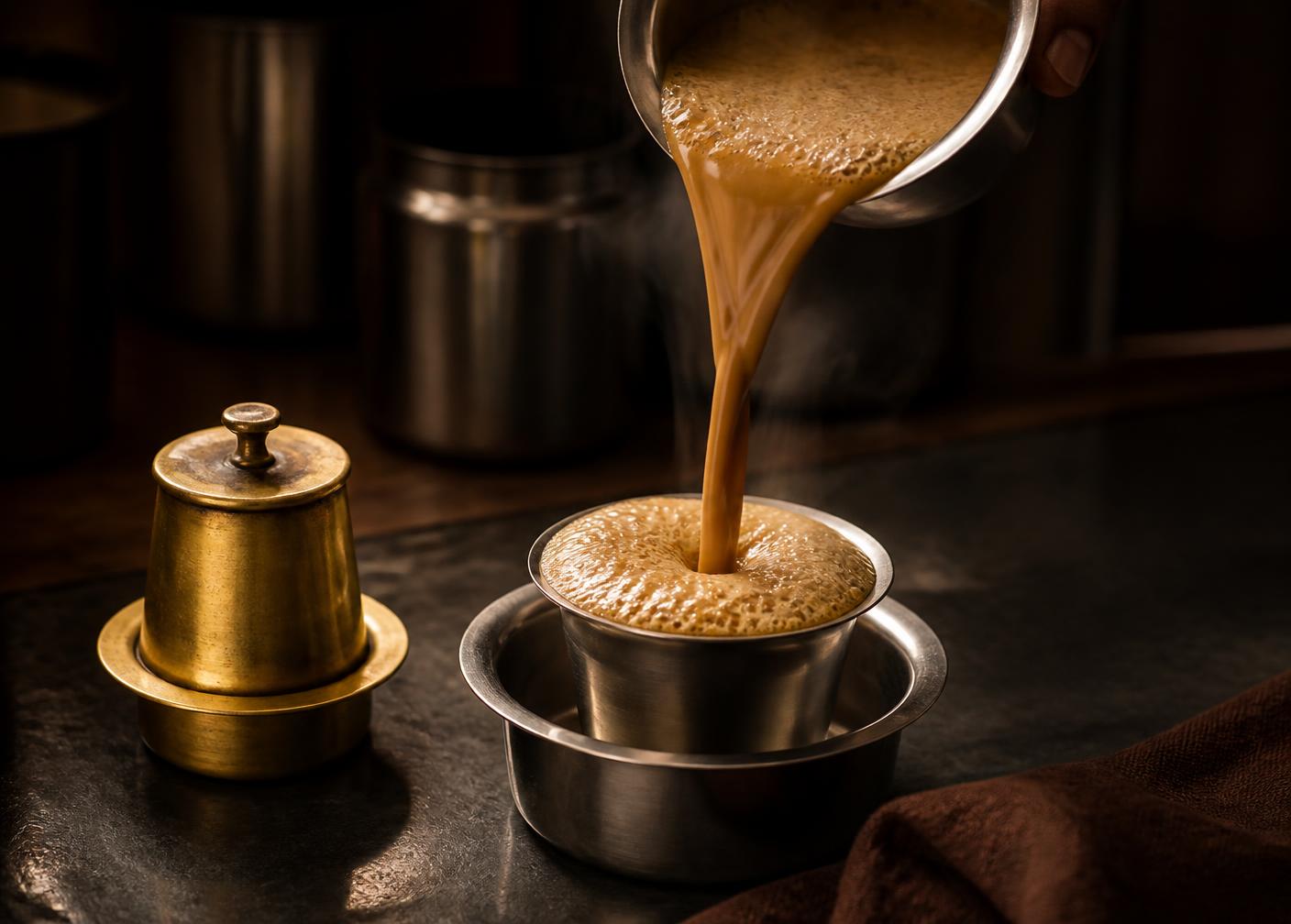 Filter coffee poured from a steel tumbler into a davara with thick froth